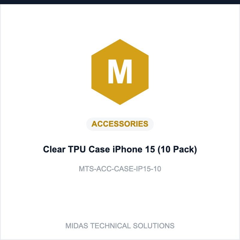 Midas Technical Solutions product card for Clear TPU Case iPhone 15 (10 Pack), SKU MTS-ACC-CASE-IP15-10