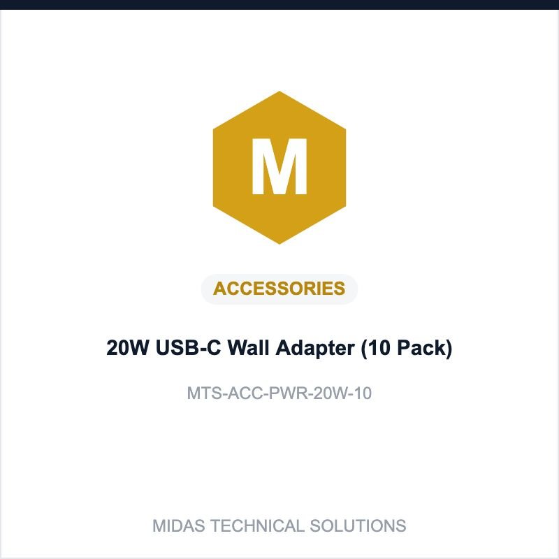 Midas Technical Solutions product card for 20W USB-C Wall Adapter (10 Pack), SKU MTS-ACC-PWR-20W-10