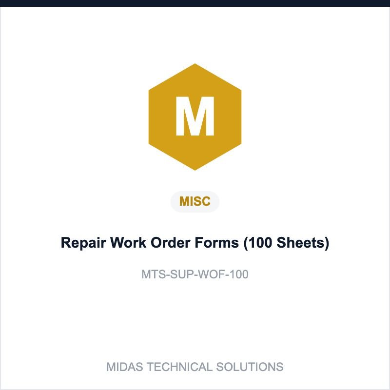 Midas Technical Solutions product card for Repair Work Order Forms (100 Sheets), SKU MTS-SUP-WOF-100