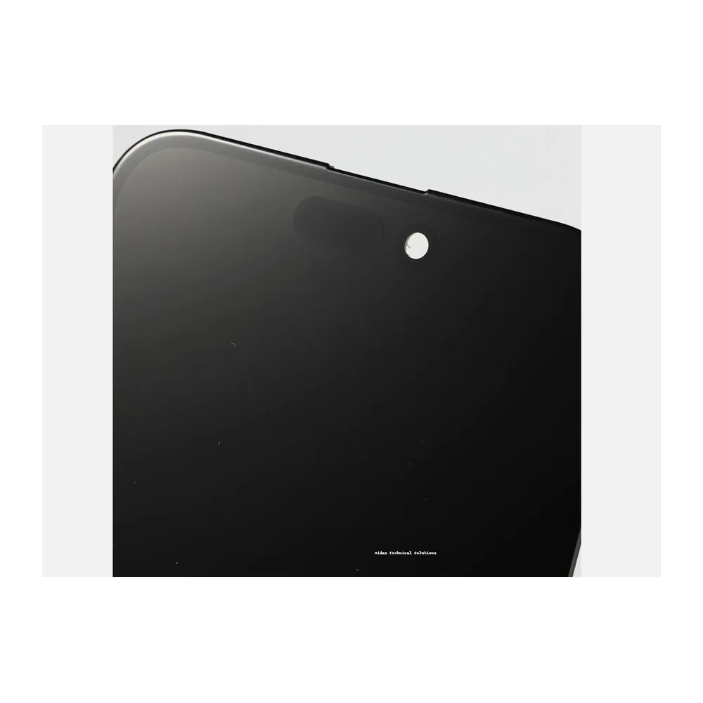 Close-up of the top corner of an iPhone screen assembly showing the Dynamic Island cutout and front camera