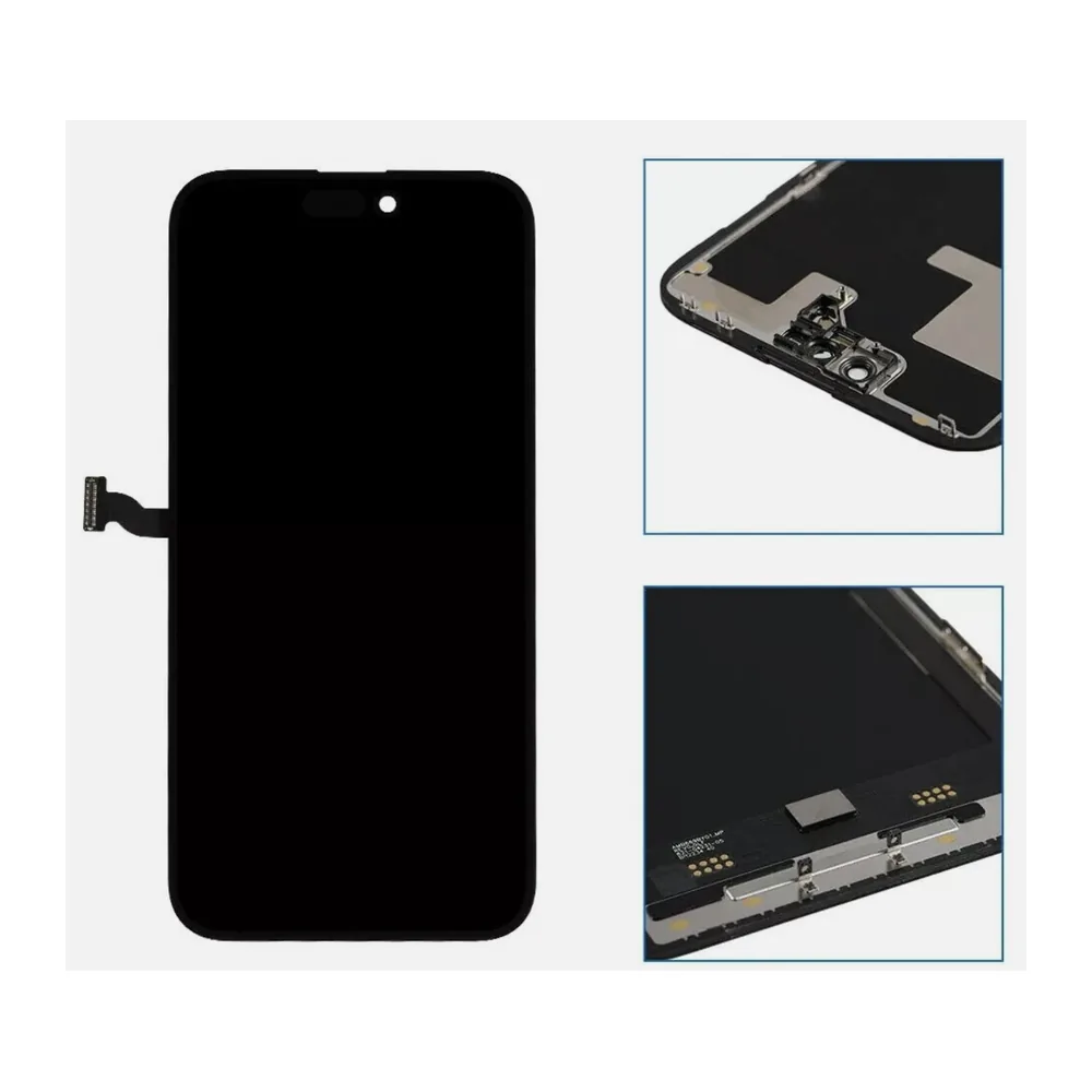 Front of an iPhone screen assembly with a Dynamic Island cutout, with inset close-ups of the rear frame and connector