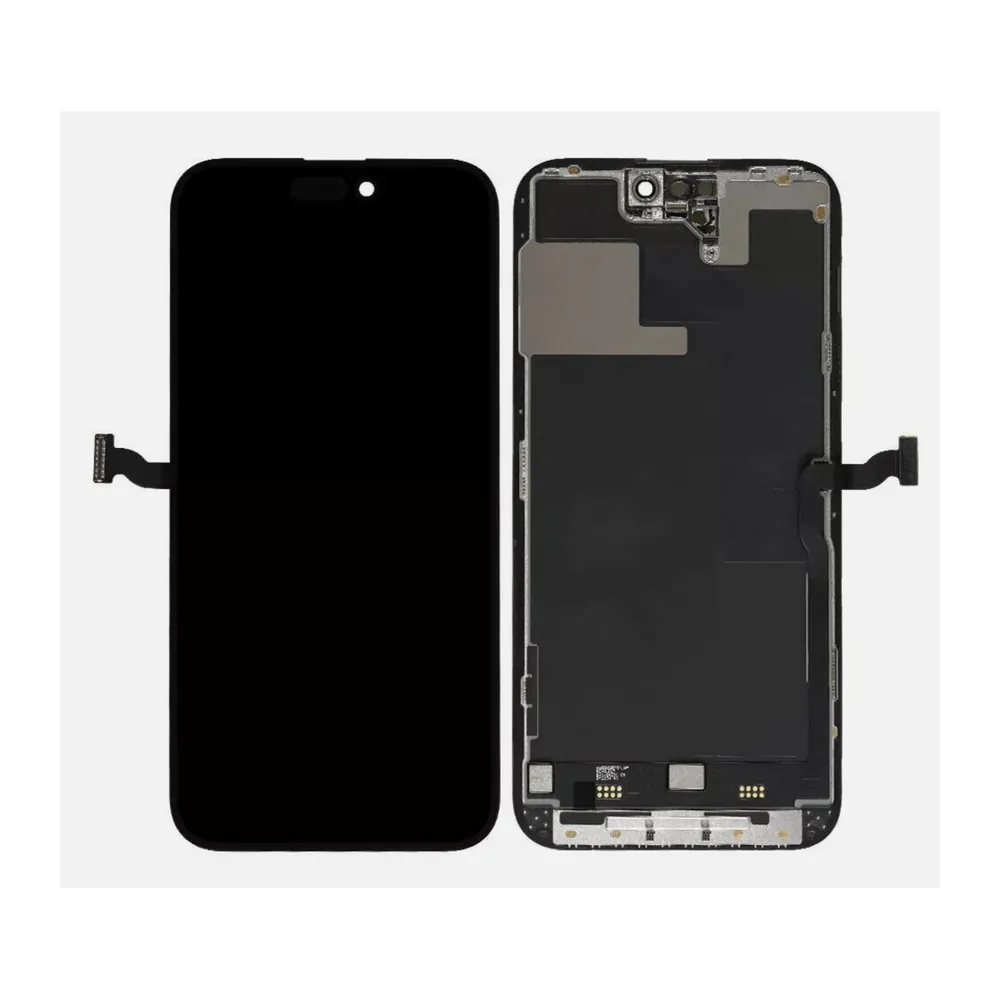 Front and rear of a replacement iPhone screen assembly with a Dynamic Island cutout and folded flex cables