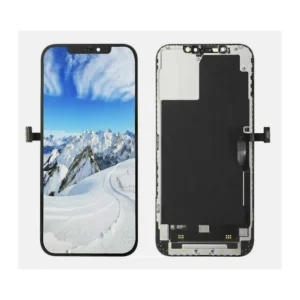 iPhone screen assembly powered on showing a mountain wallpaper and notch cutout, beside its rear frame