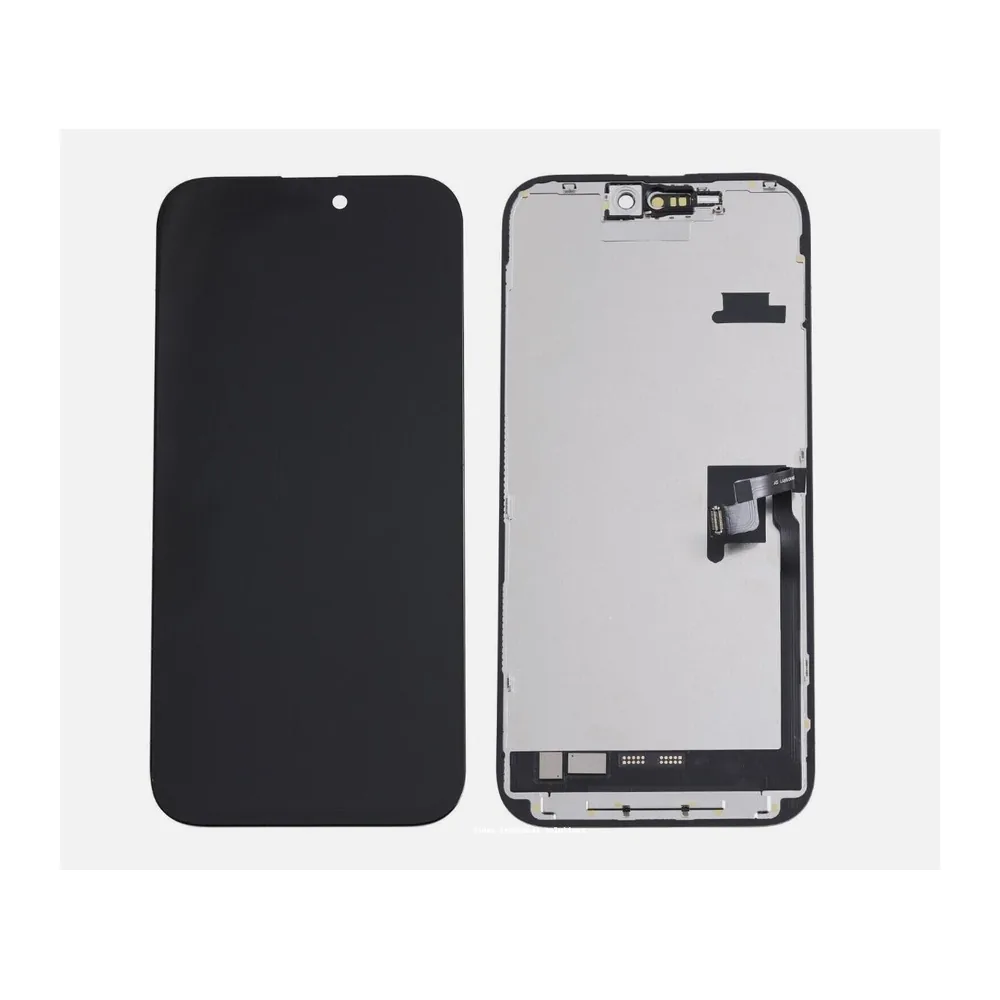 Front of an iPhone screen assembly with a notch cutout beside its rear housing and connector flex