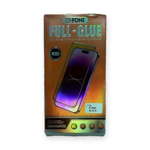 Front of a D-FONE Full-Glue 10D tempered glass screen protector retail box labelled for iPhone 14 Pro in black