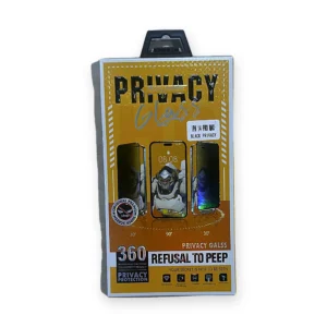 Front of a 360 privacy glass screen protector retail box labelled iPhone 14 Pro Max black privacy