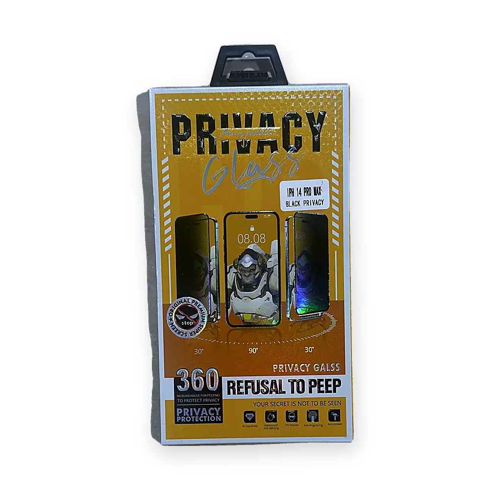 Front of a 360 privacy glass screen protector retail box labelled iPhone 14 Pro Max black privacy