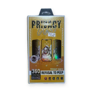 Front of a 360 anti-peep privacy glass screen protector retail box labelled iPhone 14 Pro