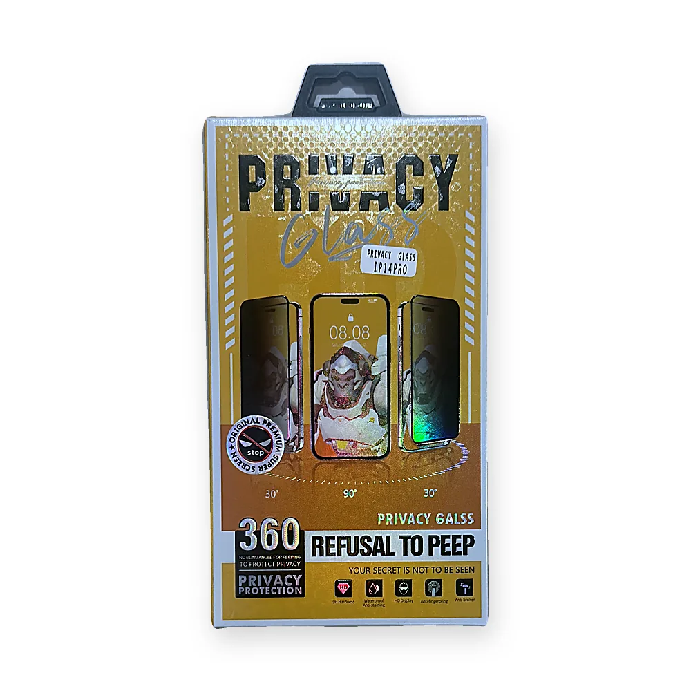 Front of a 360 anti-peep privacy glass screen protector retail box labelled iPhone 14 Pro