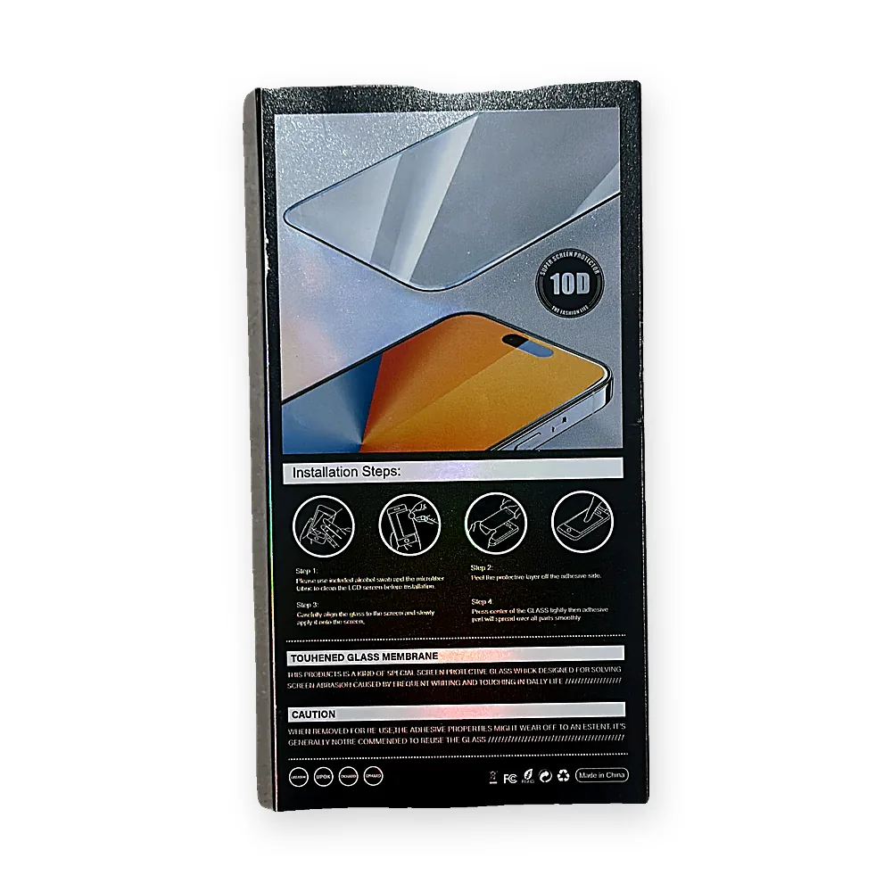 Back of a black tempered glass screen protector box showing illustrated installation steps