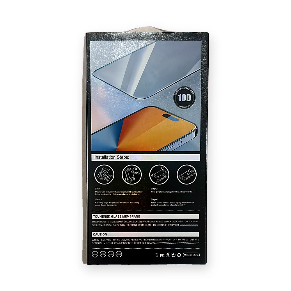 Close view of the illustrated installation steps on the back of a tempered glass screen protector box