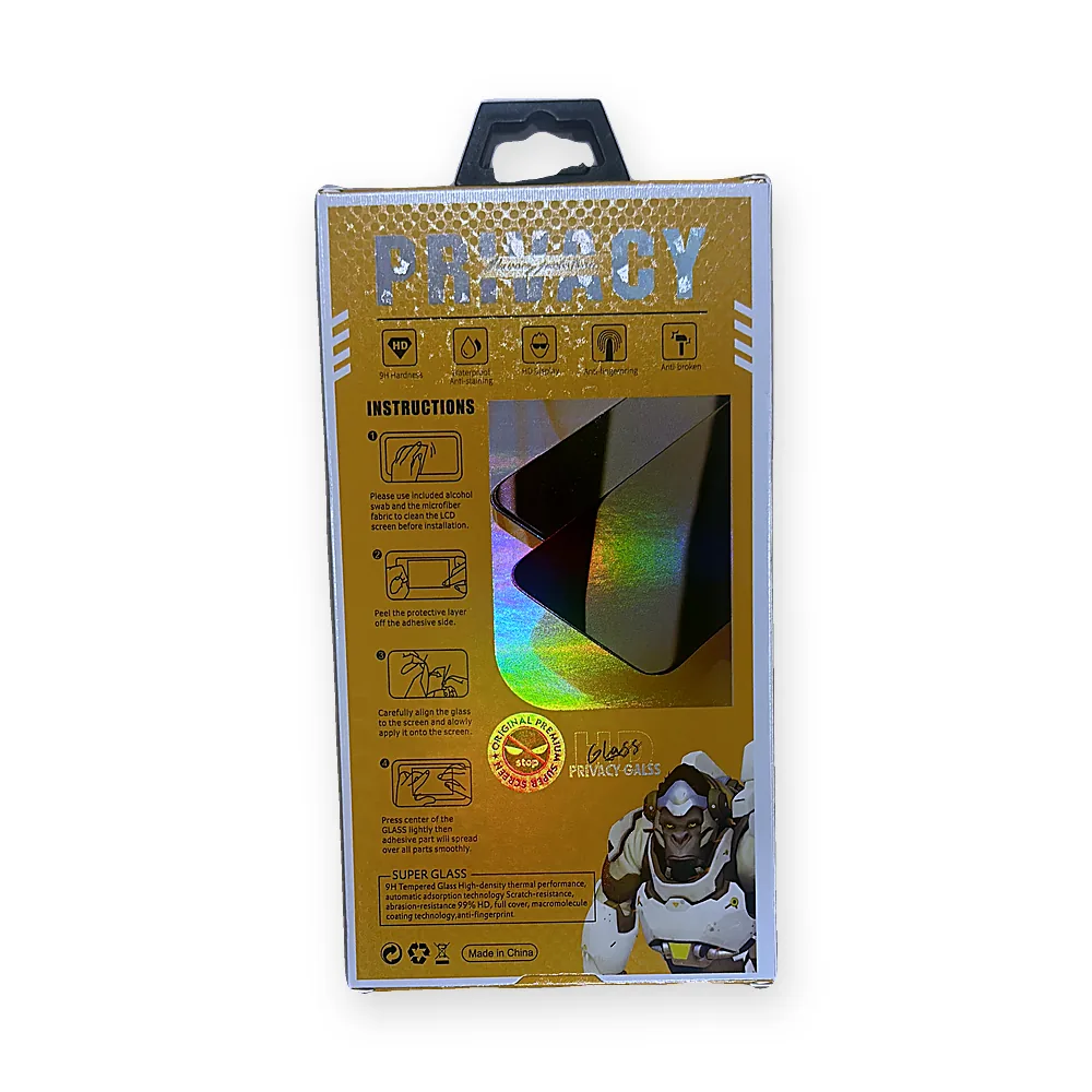 Back of a gold privacy glass screen protector box showing fitting instructions and feature icons