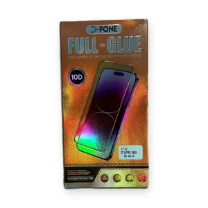 Front of a D-FONE Full-Glue 10D screen protector retail box labelled for iPhone 14 Pro Max in black