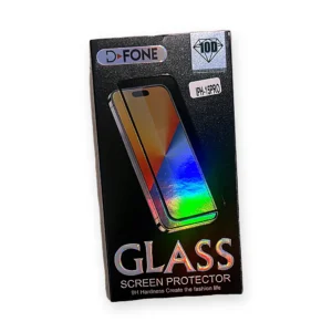 Front of a black D-FONE 10D tempered glass screen protector box labelled iPhone 15 Pro