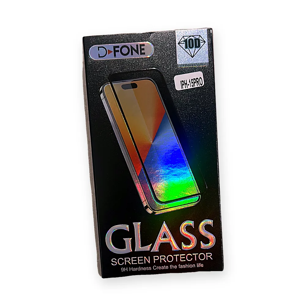 Front of a black D-FONE 10D tempered glass screen protector box labelled iPhone 15 Pro