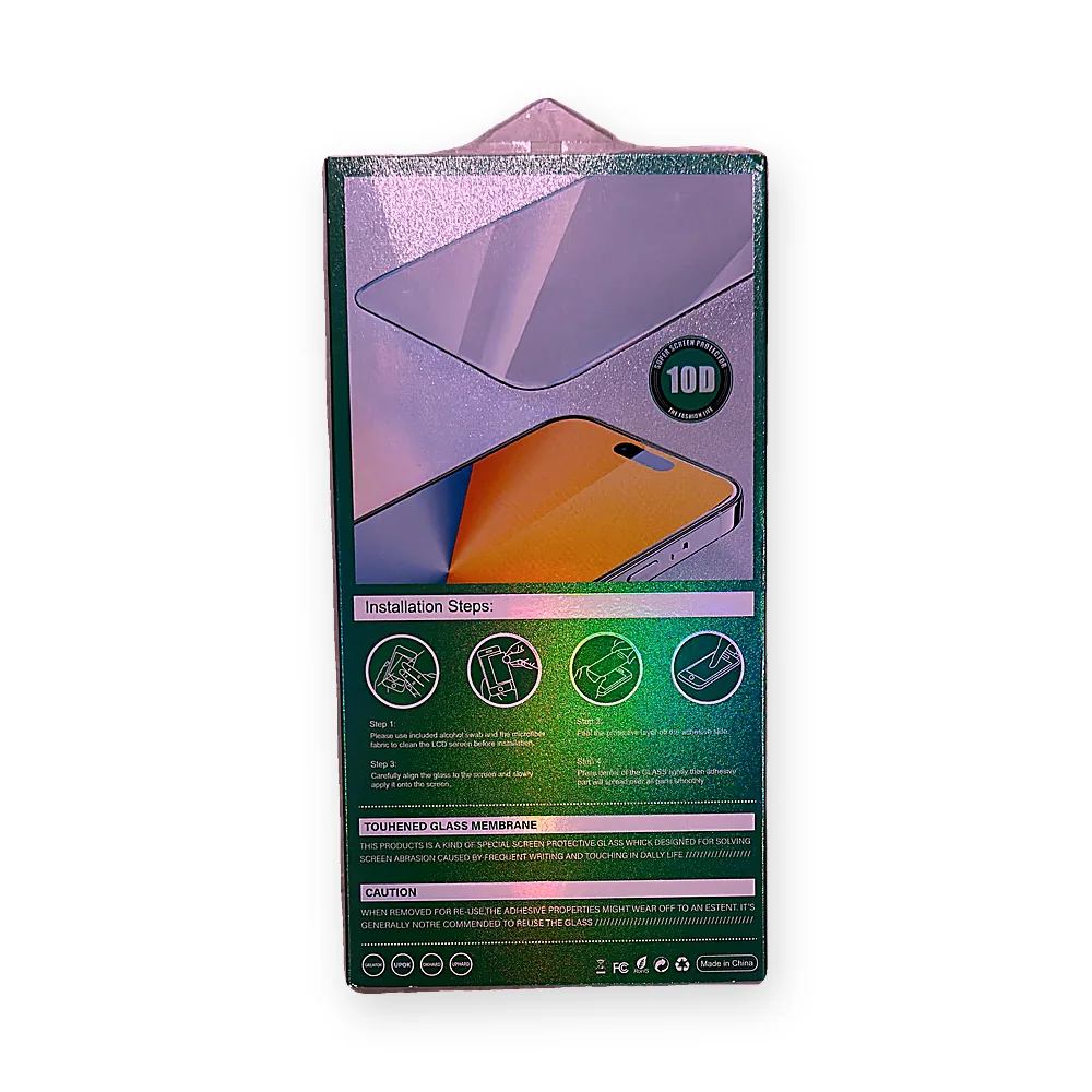 Back of a tempered glass screen protector box showing a four-step illustrated application guide