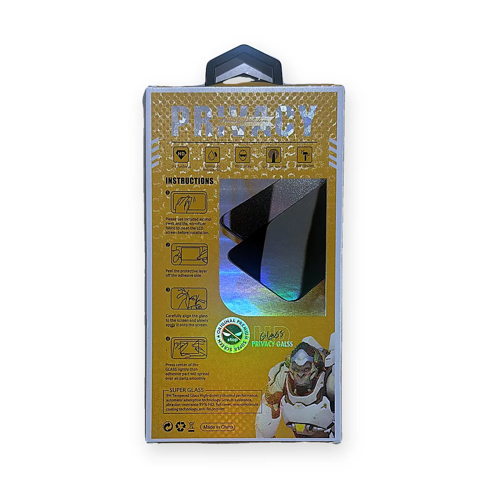 Back of a privacy glass screen protector box showing the anti-peep viewing angle instructions
