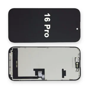 Replacement iPhone 16 Pro screen assembly shown front-on with a 16 Pro label and from the rear