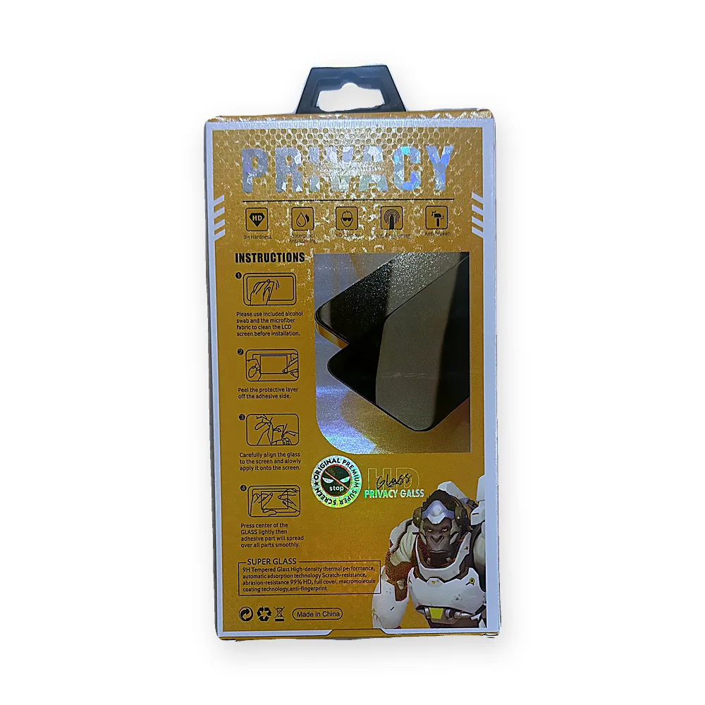 Back of a gold privacy glass screen protector box showing the instruction panel