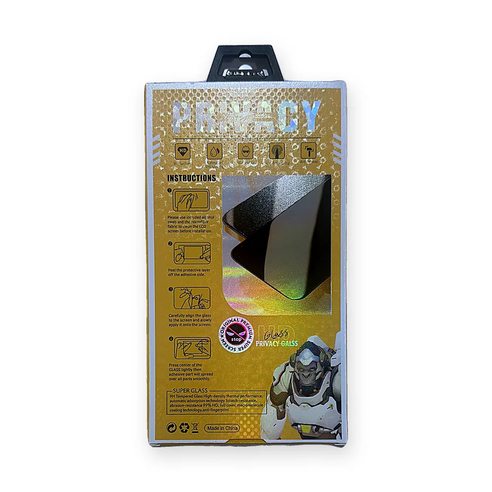 Back of a privacy glass screen protector box showing feature icons above the fitting instructions