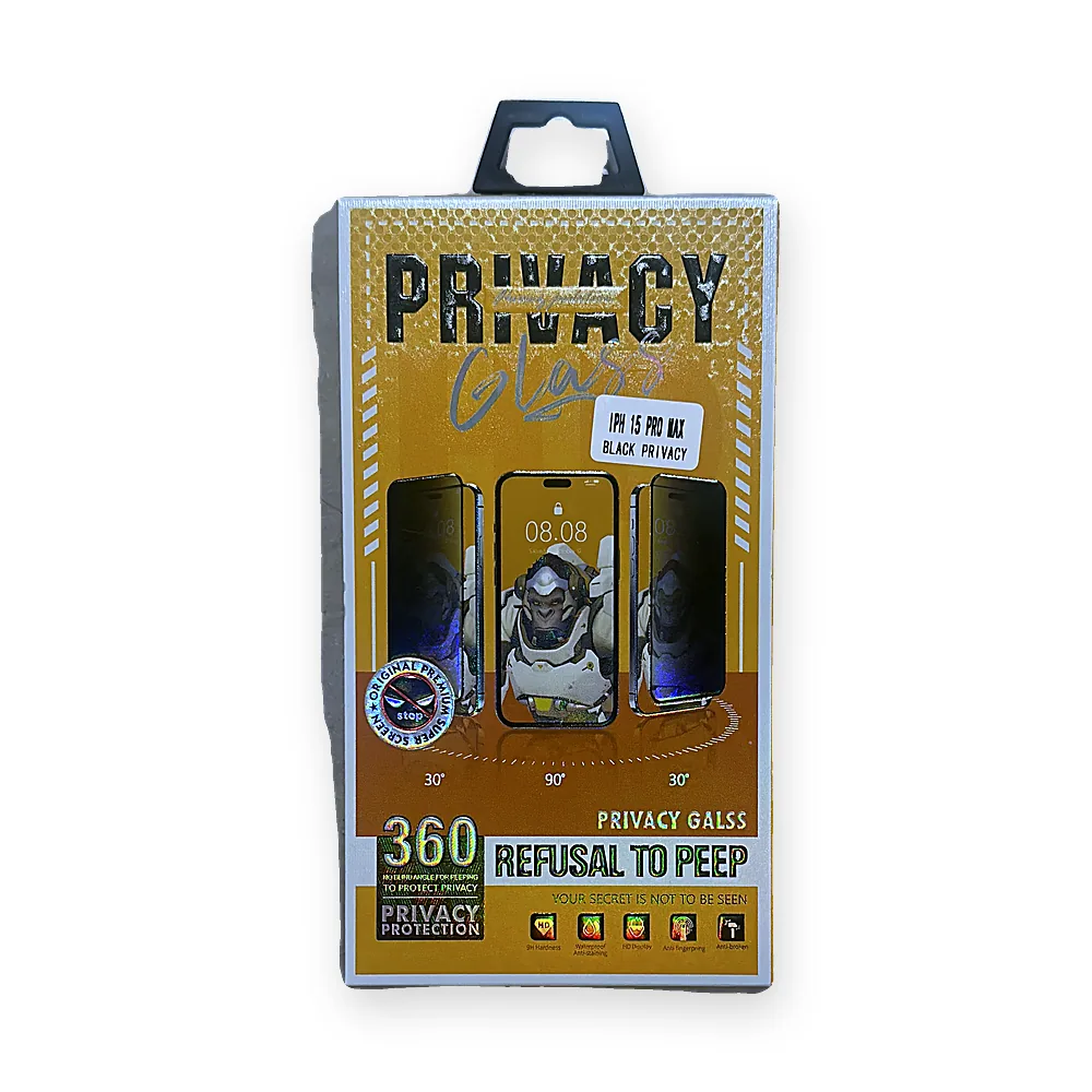 Front of a privacy glass screen protector retail box labelled iPhone 15 Pro Max black privacy