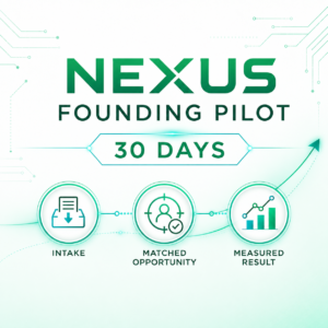 Nexus Founding Pilot — 30 Days in green, white, and turquoise
